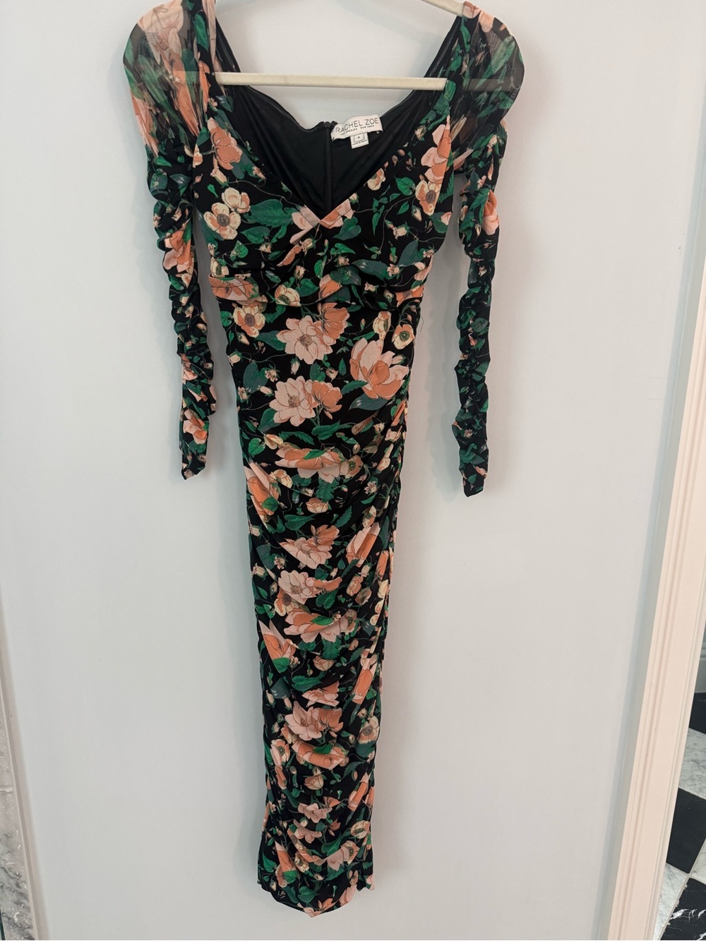 Rachel Zoe Black Floral Ruched Long-Sleeve Maxi Dress